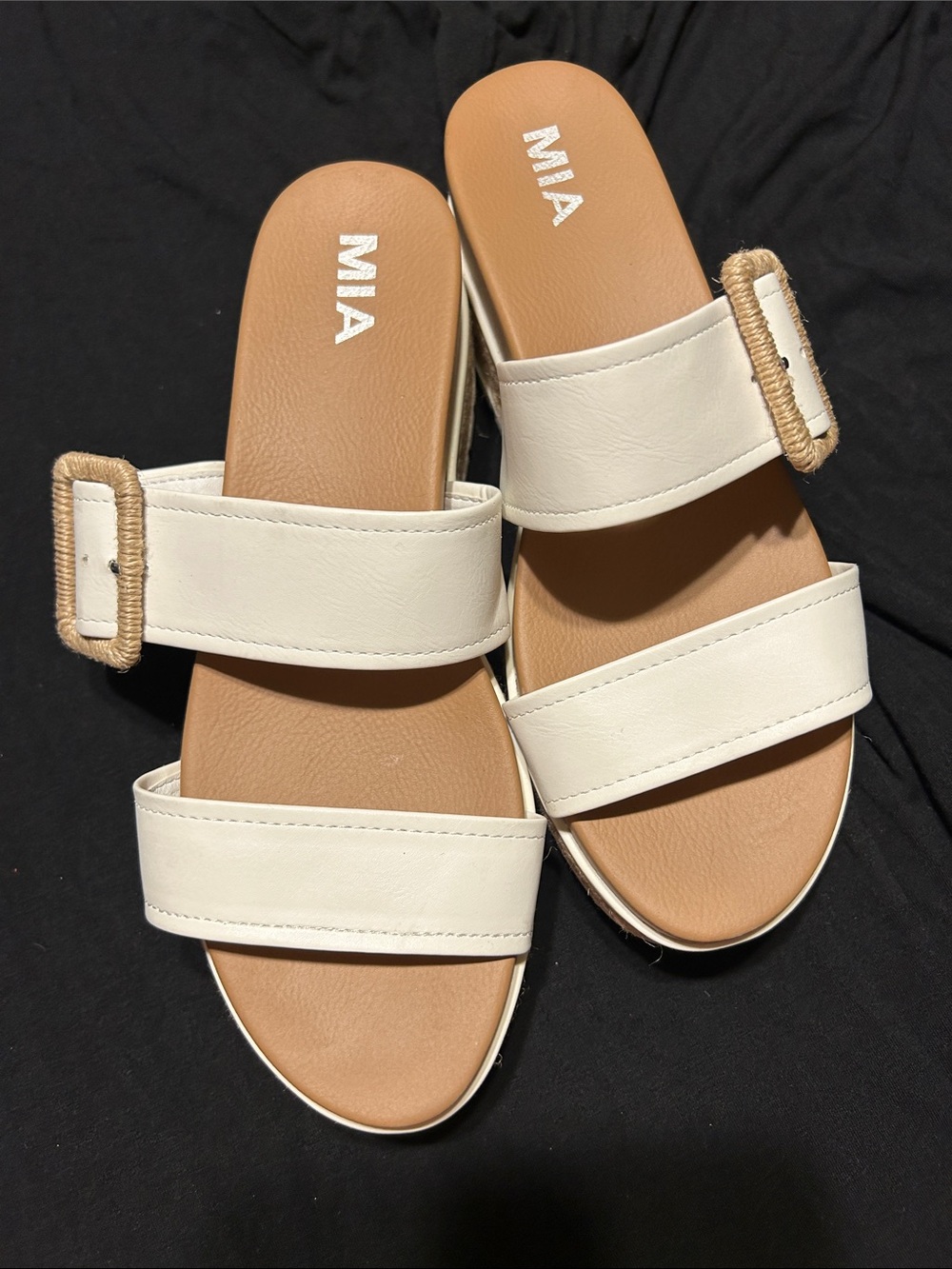 MIA Women’s White Double Strap Slide Sandals with Woven Buckle